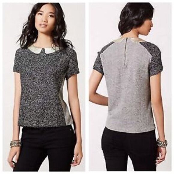 ANTHROPOLOGIE Postmark Black Gray Gold Peter Pan Collar Boxy Knit Shirt Small - Picture 1 of 6